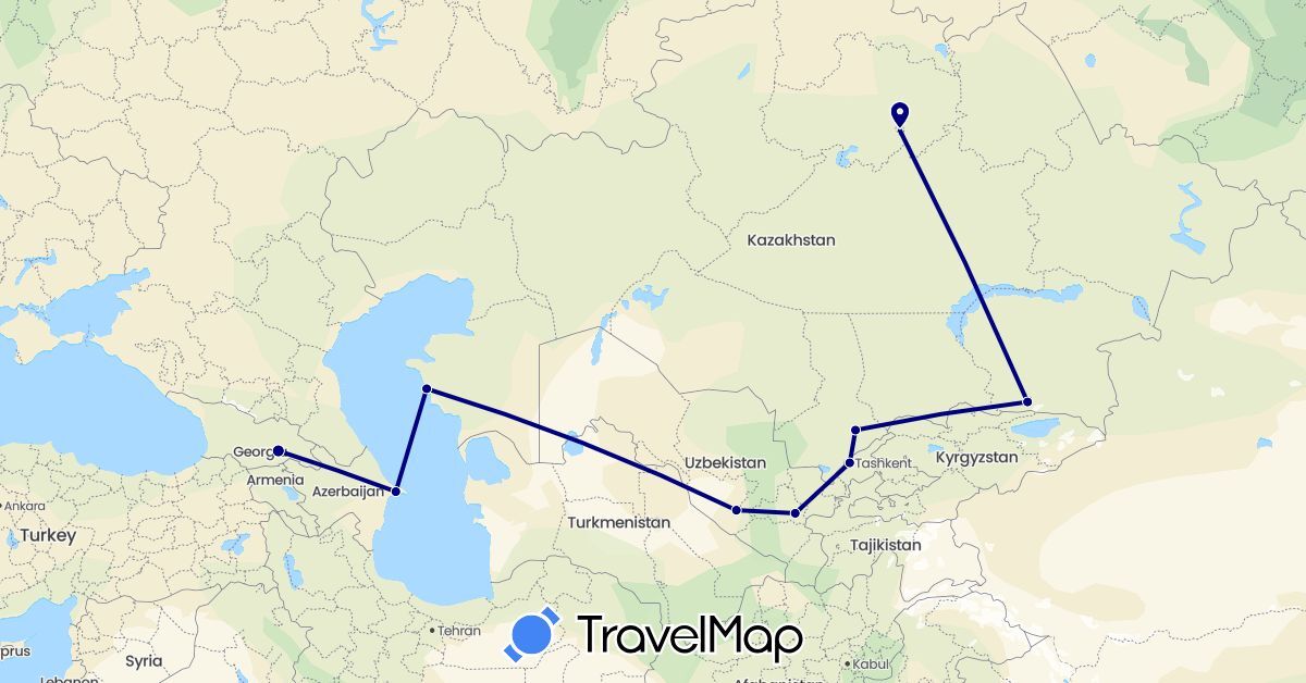 TravelMap itinerary: driving in Azerbaijan, Georgia, Kazakhstan, Uzbekistan (Asia)
